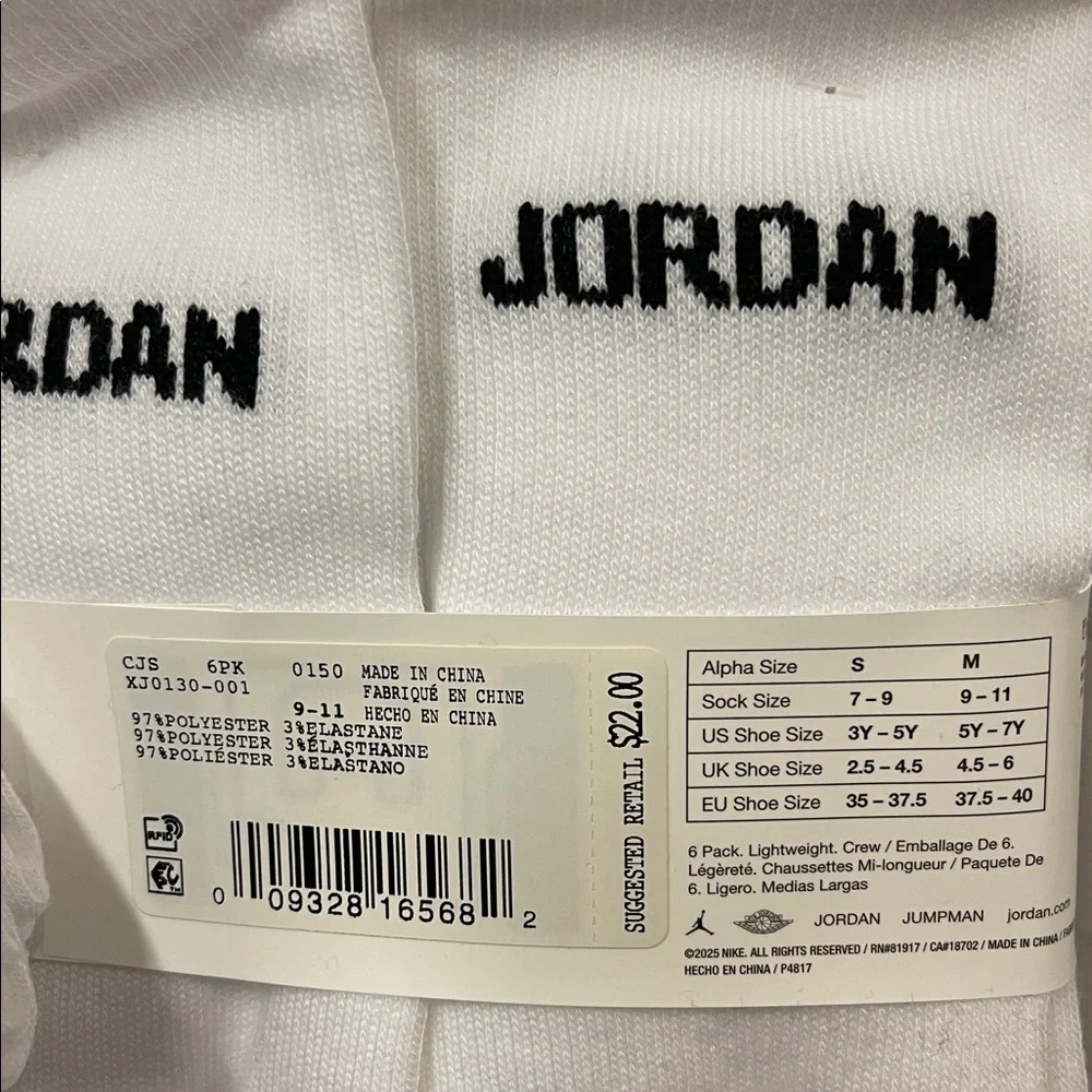 Jordan White Crew Socks 6-Pack JORDAN JUMPMAN CREW Socks  6PK